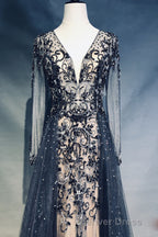 Luxury Long Sleeves V Neck Long Prom Dress Overskirt Mother Prom Dresses