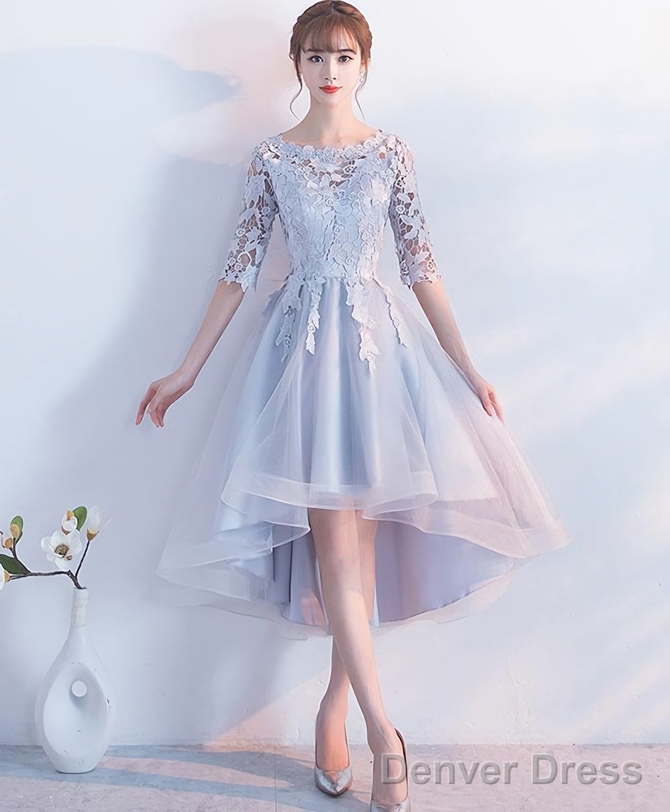 Gray Lace Tulle High Low Prom Dress Lace Prom Dresses