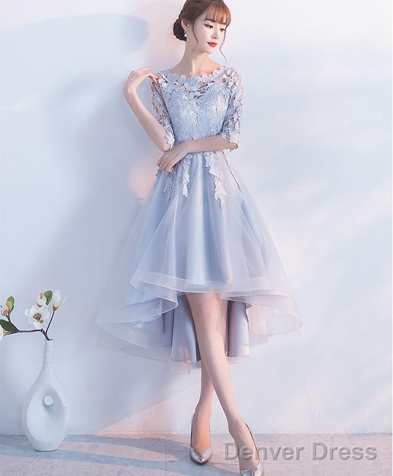 Gray Lace Tulle High Low Prom Dress Lace Prom Dresses