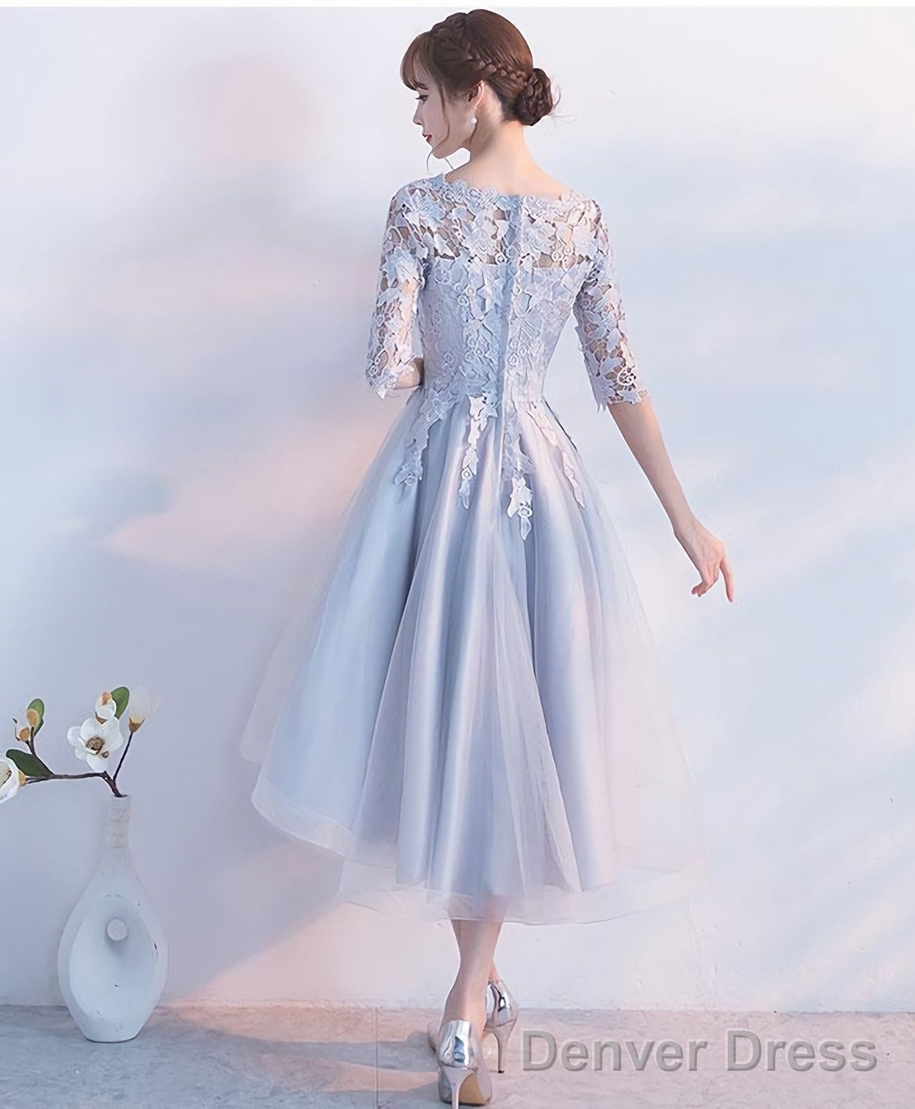 Gray Lace Tulle High Low Prom Dress Lace Prom Dresses