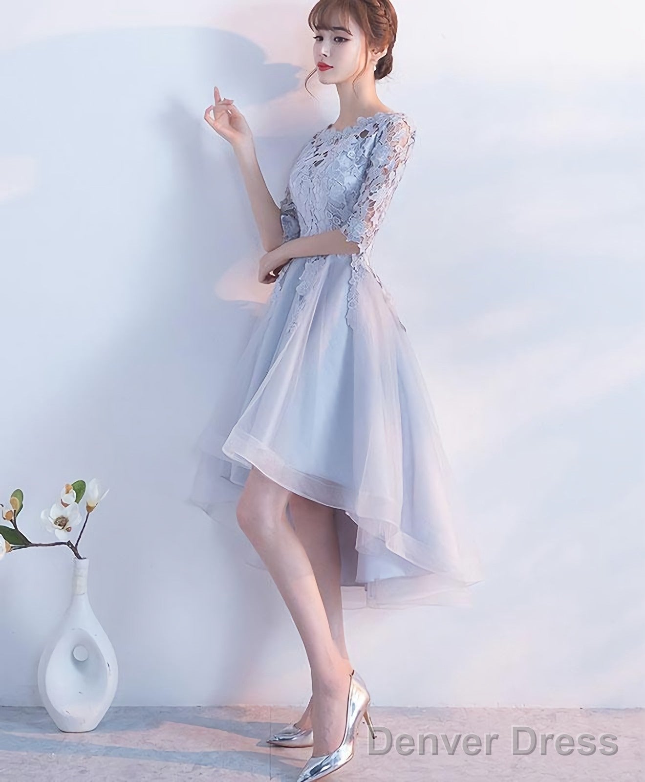 Gray Lace Tulle High Low Prom Dress Lace Prom Dresses
