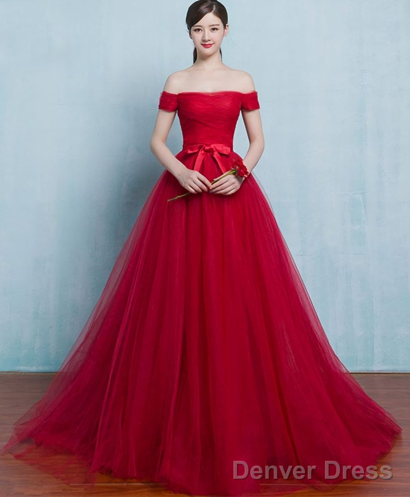 Red A Line Tulle Long Prom Gowns Prom Dresses