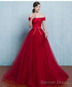 Red A Line Tulle Long Prom Gowns Prom Dresses