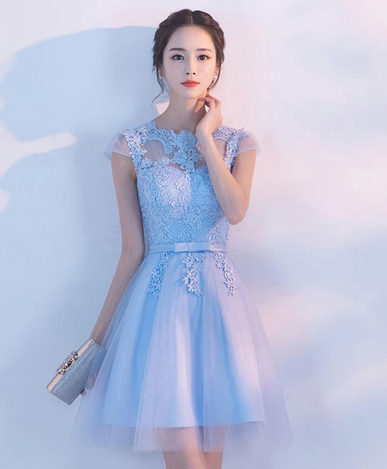 Light Blue A Line Tulle Lace Short Prom Dress Homecoming Dresses