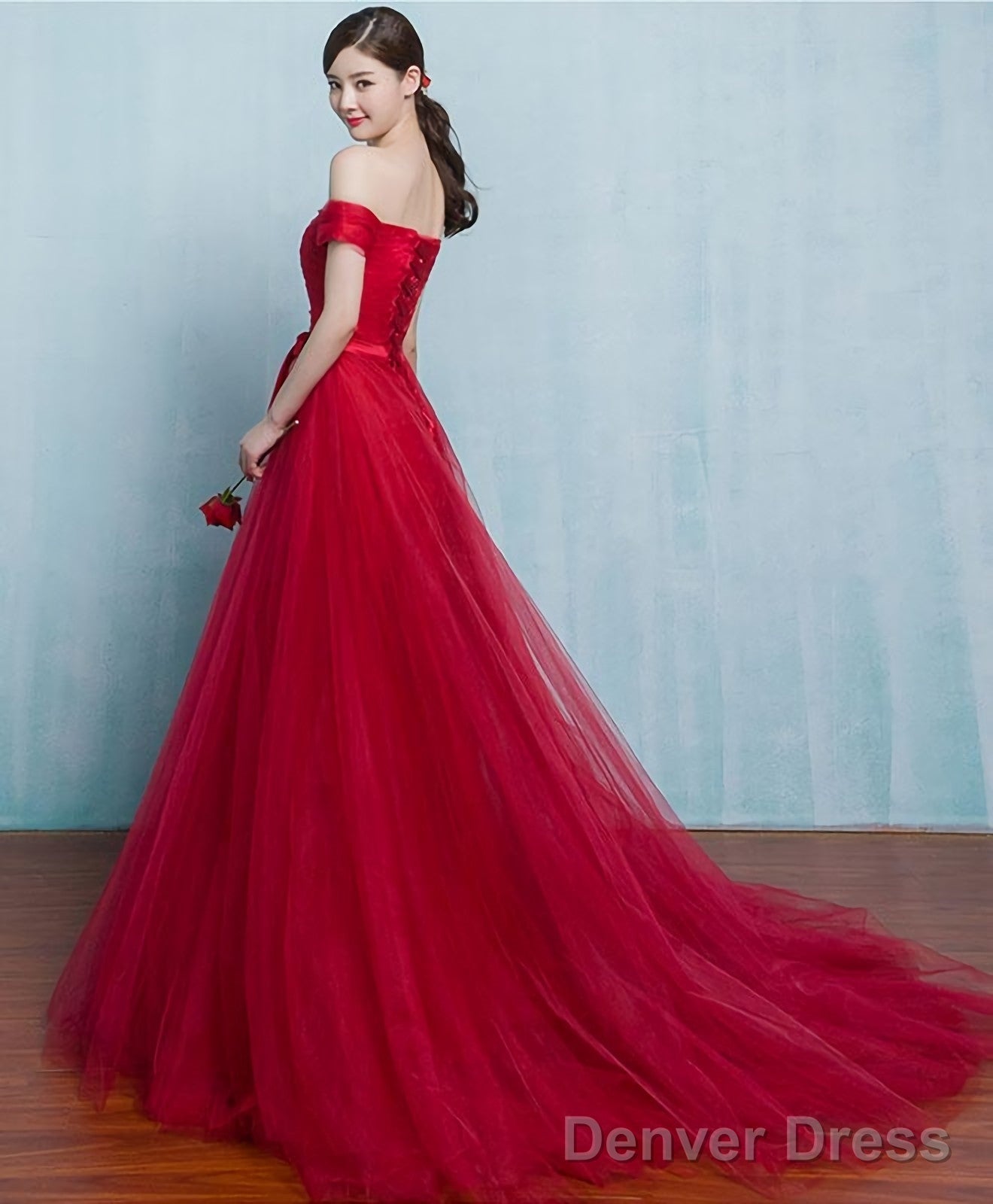 Red A Line Tulle Long Prom Gowns Prom Dresses Secondary image