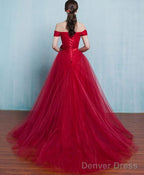 Red A Line Tulle Long Prom Gowns Prom Dresses