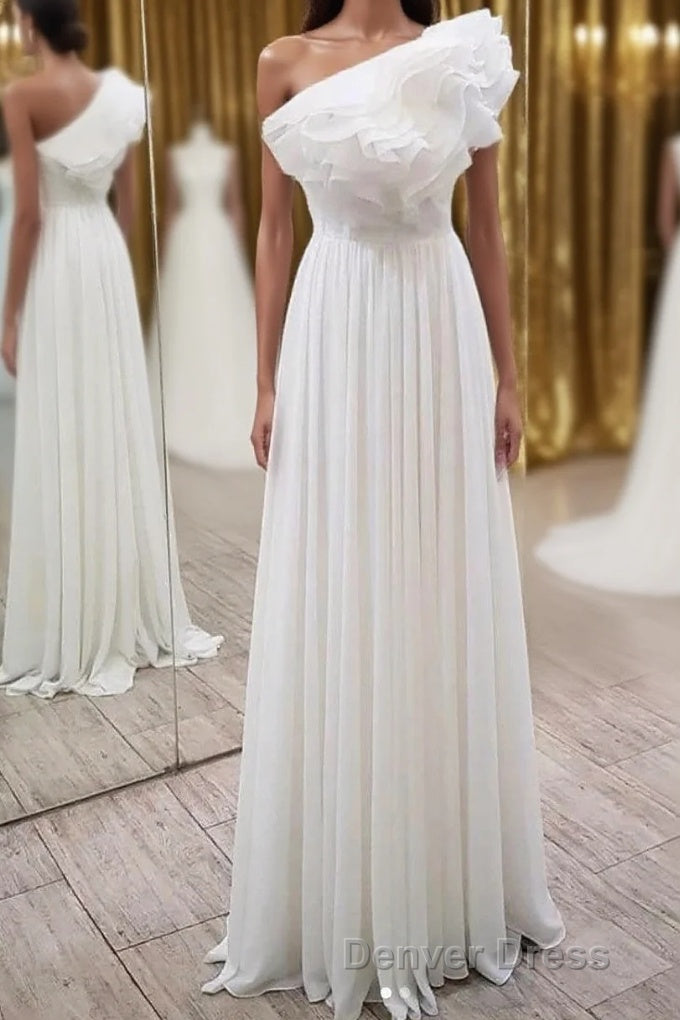 Elegant Ruffles One Shoulder Long Prom Dress, Chiffon Long Prom Dresses