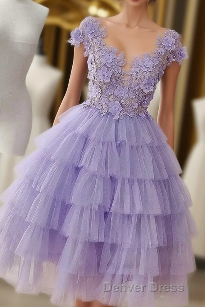 A Line Applique Lilac Tulle Short Homecoming Dresses With Layered Main image