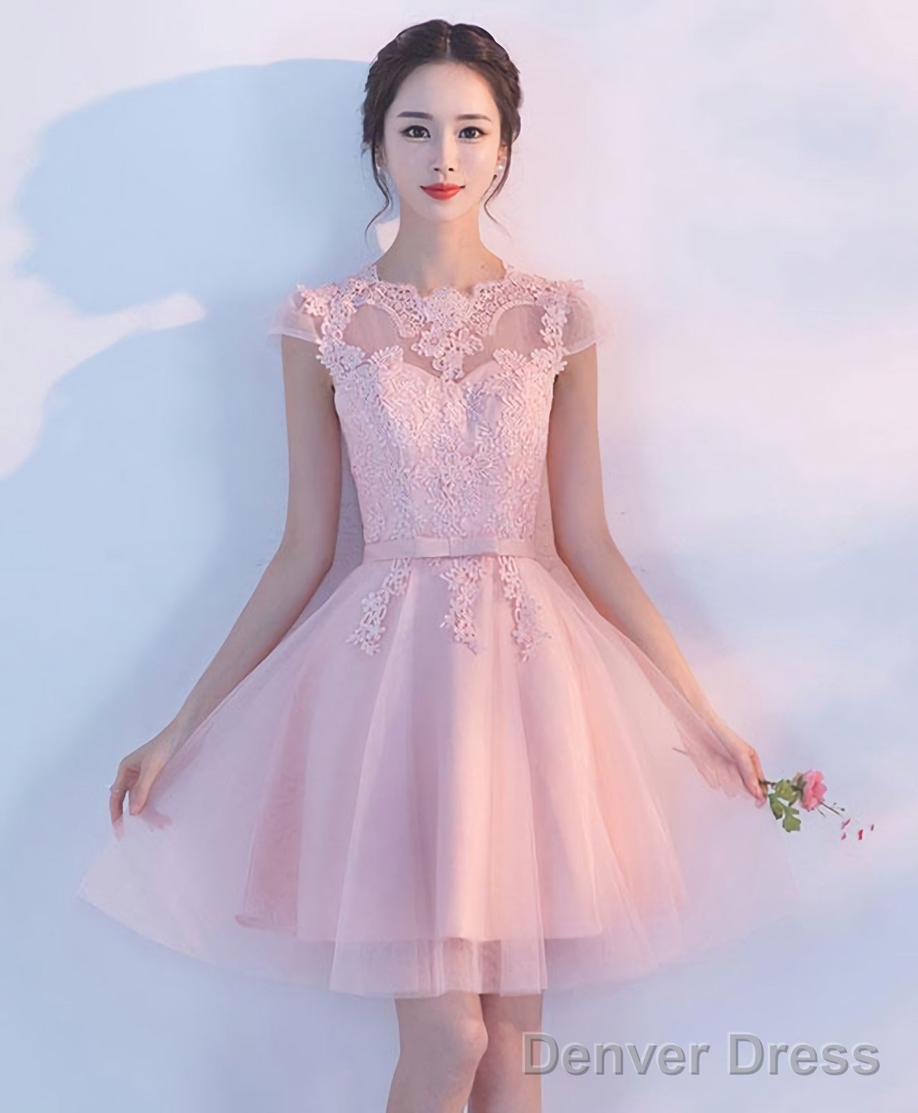 Pink A Line Tulle Lace Short Prom Dress Homecoming Dress 1 Main image