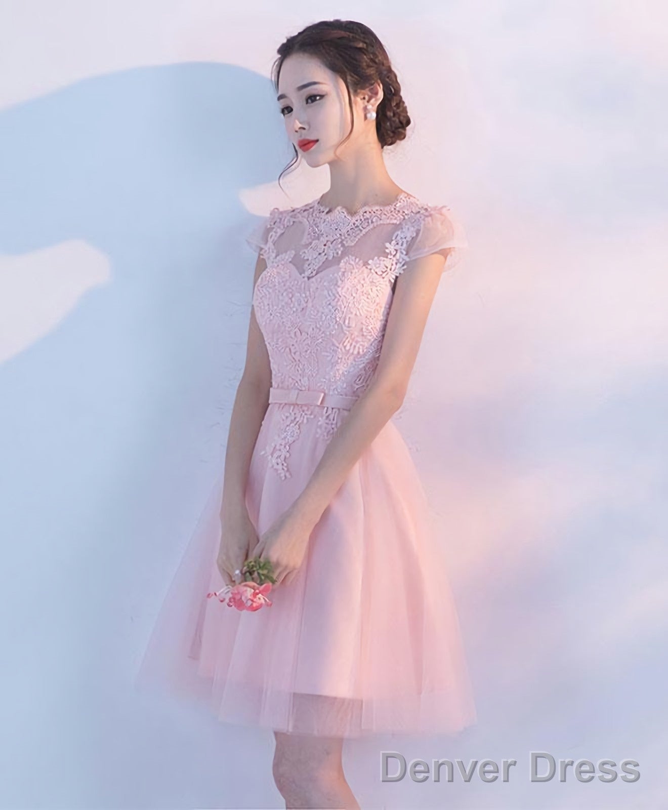 Pink A Line Tulle Lace Short Prom Dress Homecoming Dresses 1