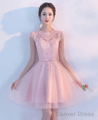 Pink A Line Tulle Lace Short Prom Dress Homecoming Dresses 1