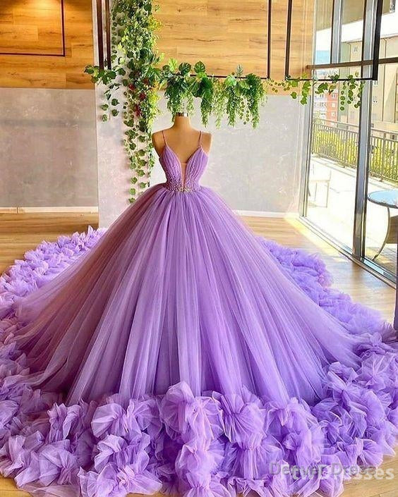 spaghetti straps lavender beading bodice tulle Prom Dresses with handmade flowers Main image