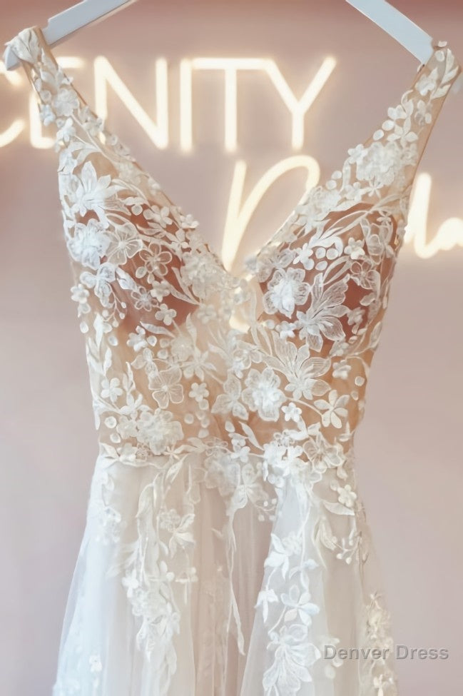 Fabulous Long V Neck Sleeveless Lace Backless Wedding Dresses Online