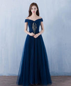 Blue V Neck Tulle A Line Long Prom Dress