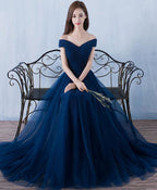 Blue V Neck Tulle A Line Long Prom Dress