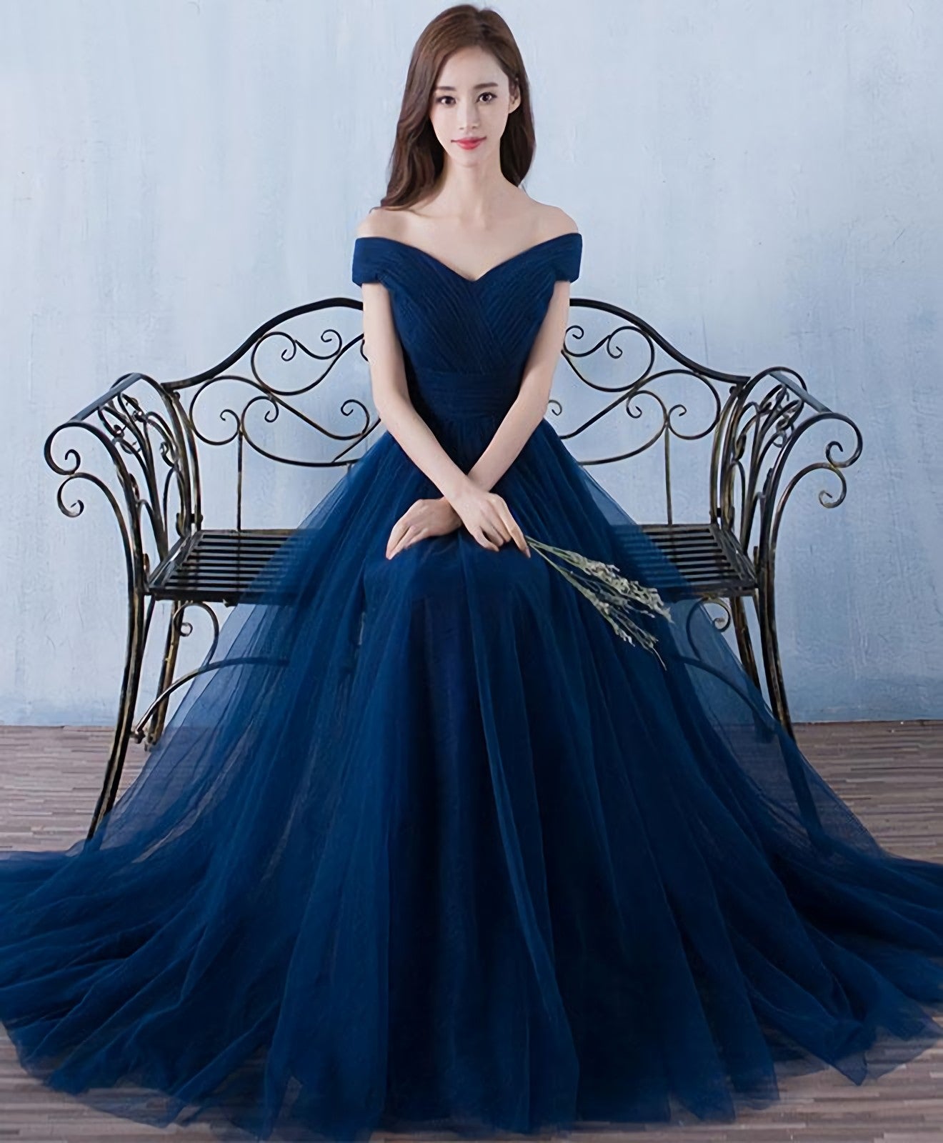 Blue V Neck Tulle A Line Long Prom Dress