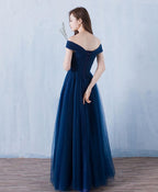 Blue V Neck Tulle A Line Long Prom Dress