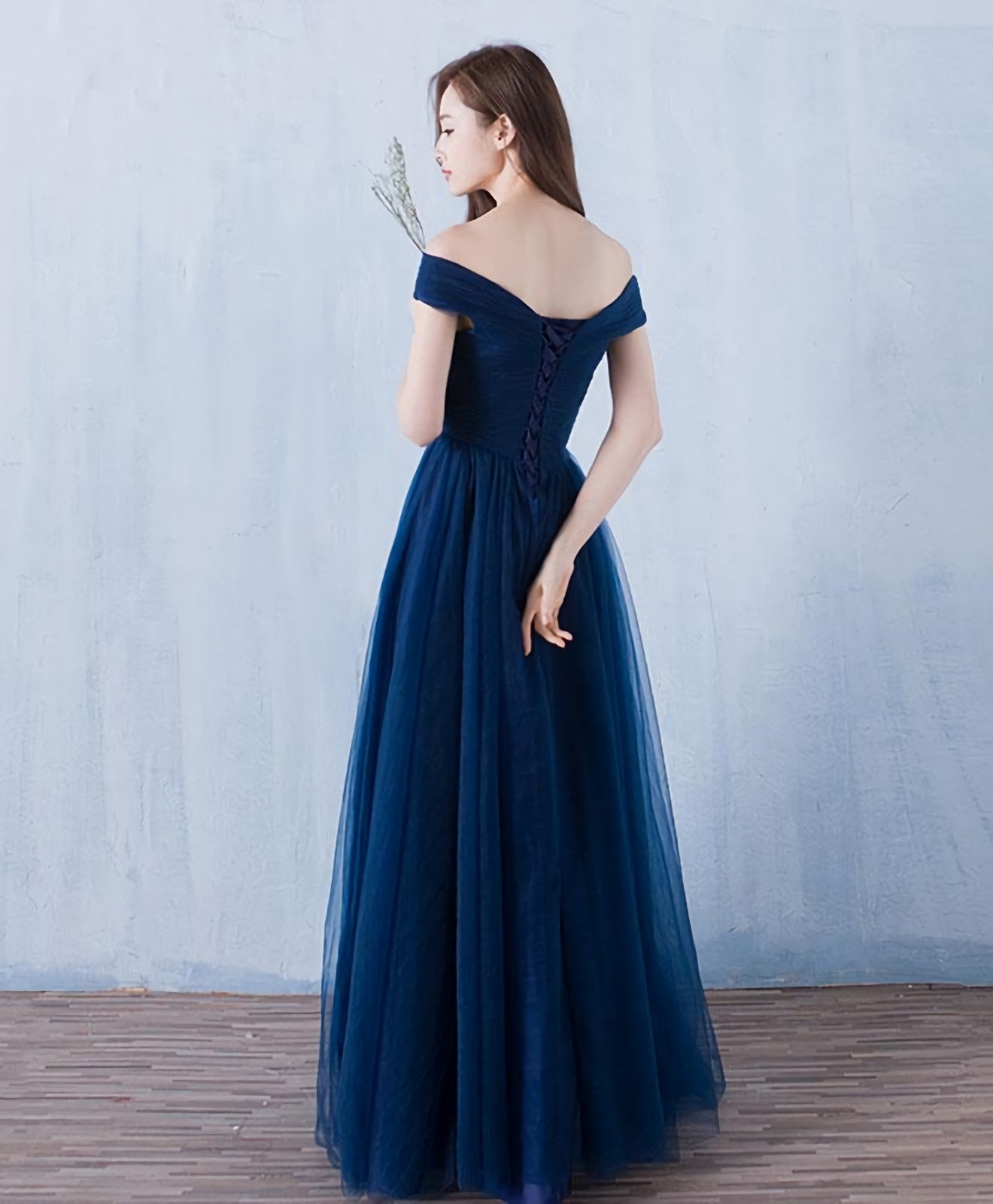Blue V Neck Tulle A Line Long Prom Dress