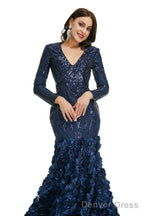 Prom Dresses, Long V Neck Prom Gowns Full Sleeve Formal Dresses, Floor Length Dress