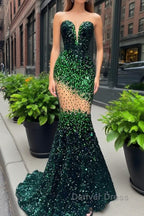 V-Neck Sequins Prom Dresses Mermaid Sleeveless Crystal.