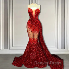 Red Mermaid Style Prom Dresses with Sweetheart Sequins and Ruffle