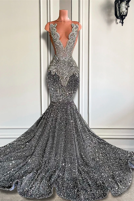 Gray Mermaid Sequins Prom Dresses Sleeveless Long With Crystals Main image