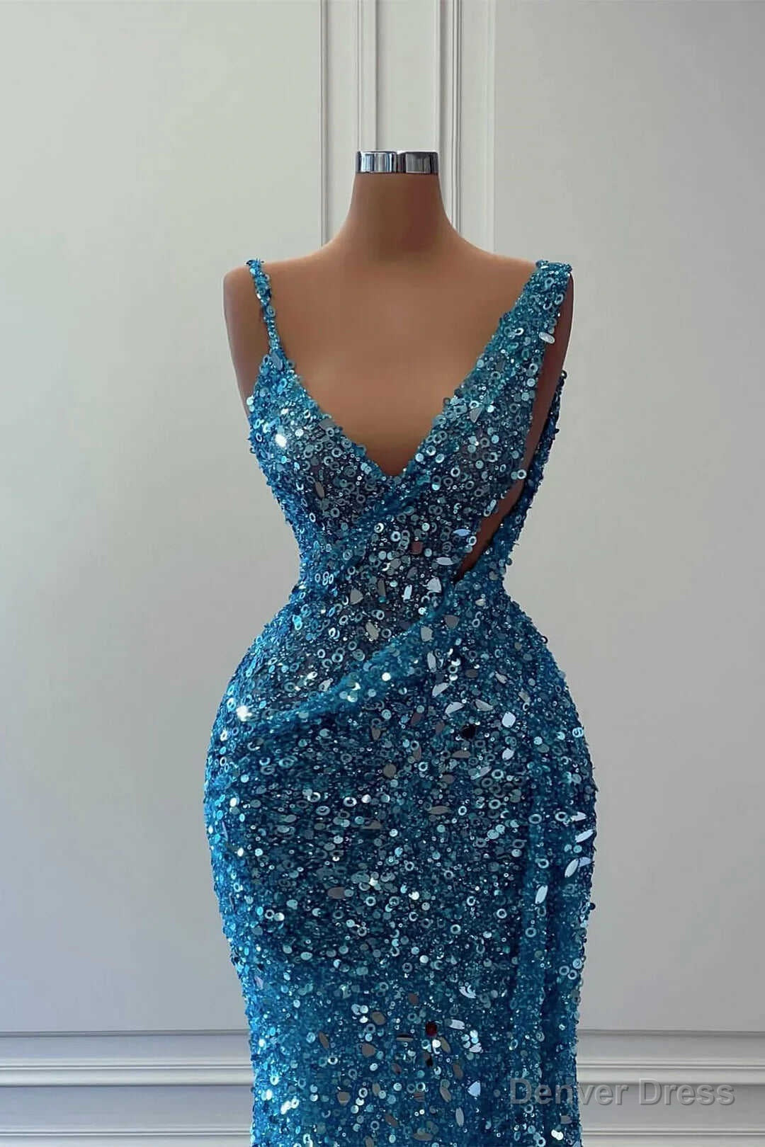 Blue Sleeveless Long Mermaid Sequins Prom Dresses