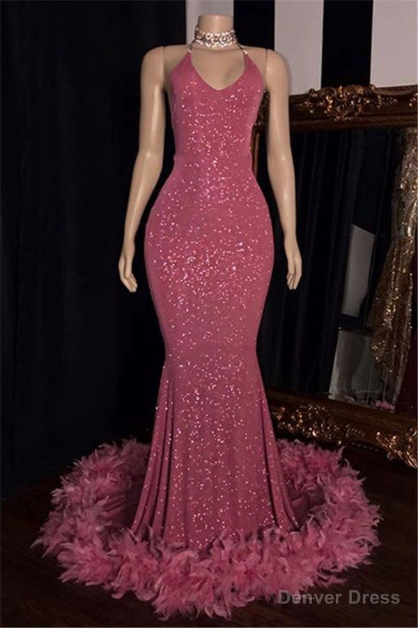 2026 Charming Mermaid Prom Dresses, Hot Pink Sequence With Feathers Halter Backless