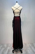 Black And Red Mermaid Straps Long Prom Dress, Long Prom Dresses With Leg Slit