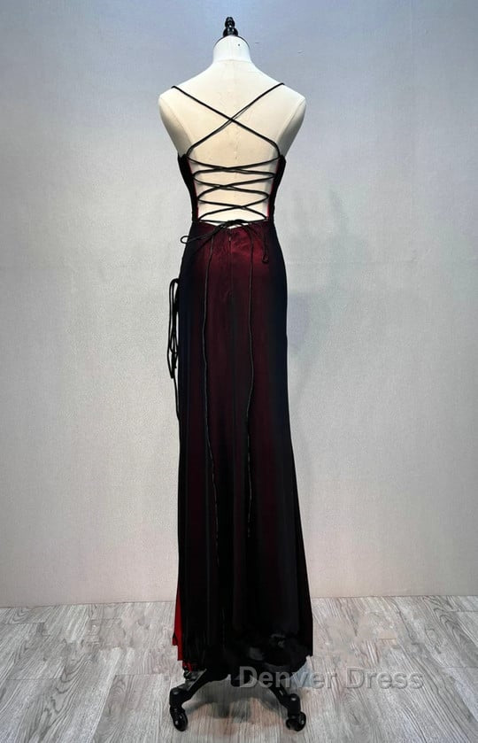Black And Red Mermaid Straps Long Prom Dress, Long Prom Dresses With Leg Slit