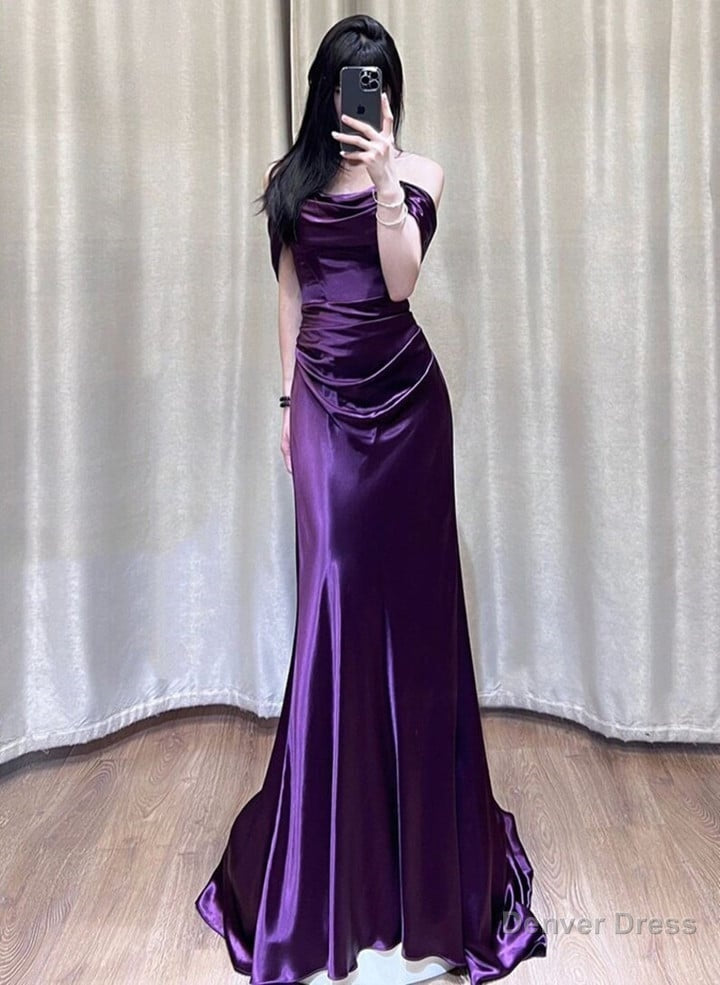 Purple Satin Off Shoulder Long Prom Dress, Purple Satin Prom Dresses Main image