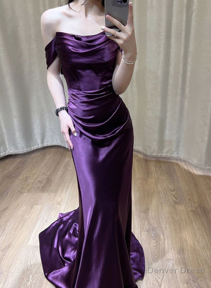 Purple Satin Off Shoulder Long Prom Dress, Purple Satin Prom Dresses Secondary image