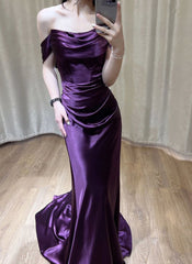 Lila Satin von Schulter lang Abendkleid, lila Satin -Abschlussballkleid