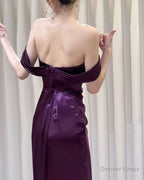Purple Satin Off Shoulder Long Prom Dress, Purple Satin Prom Dresses