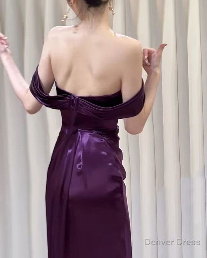 Purple Satin Off Shoulder Long Prom Dress, Purple Satin Prom Dresses