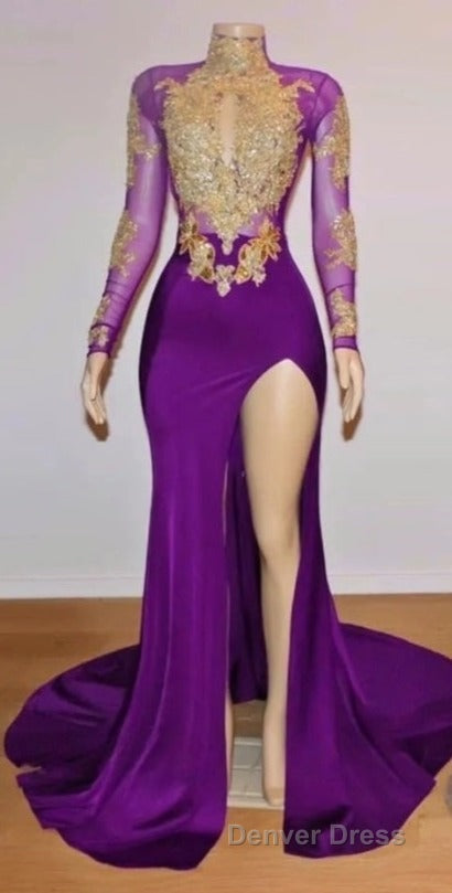 Unique Prom Dress, Long Sleeve High Neck Beaded Split Prom Dresses
