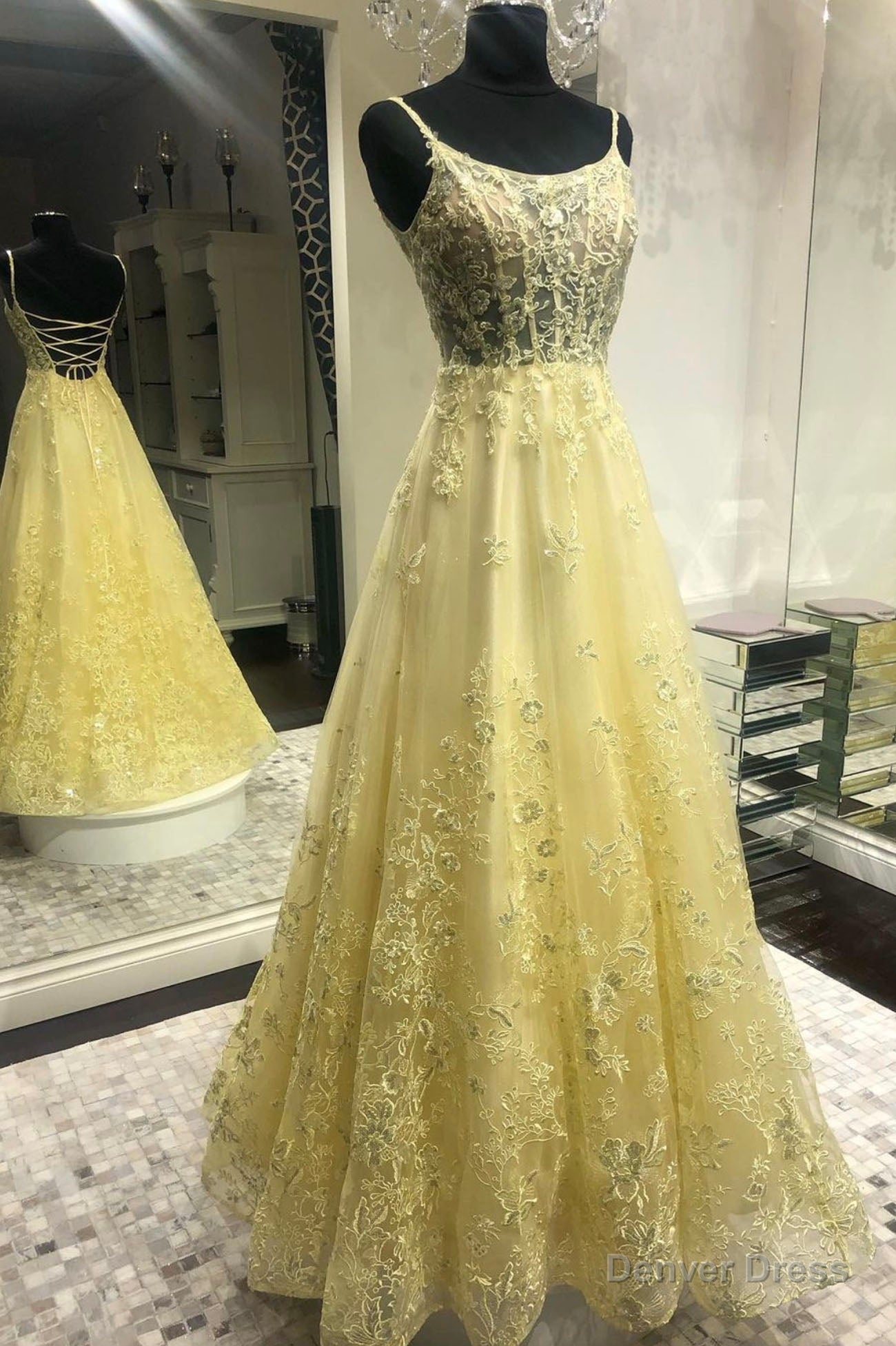 Yellow Lace Long Prom Dress, Yellow Spaghetti Straps Graduation Dresses