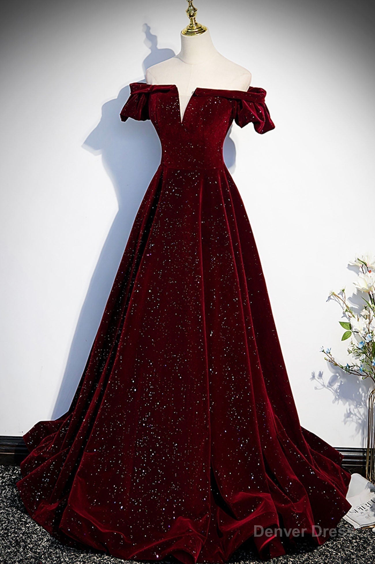 Burgundy Velvet Long Prom Dresses, Off the Shoulder Formal Evening Dresses Main image