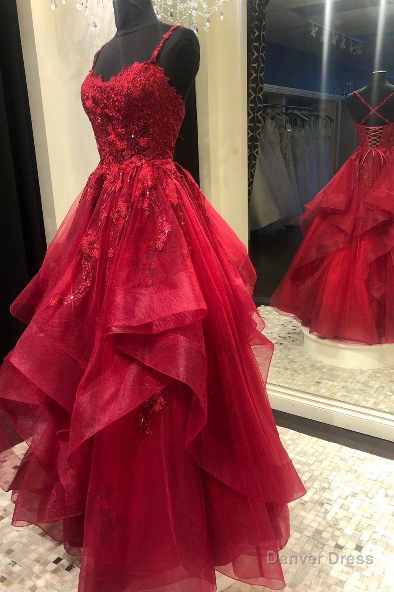 Red Lace Long Prom Dresses, Red Backless Formal Evening Dresses Main image