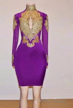 Unique Prom Dress, Long Sleeve High Neck Beaded Split Prom Dresses