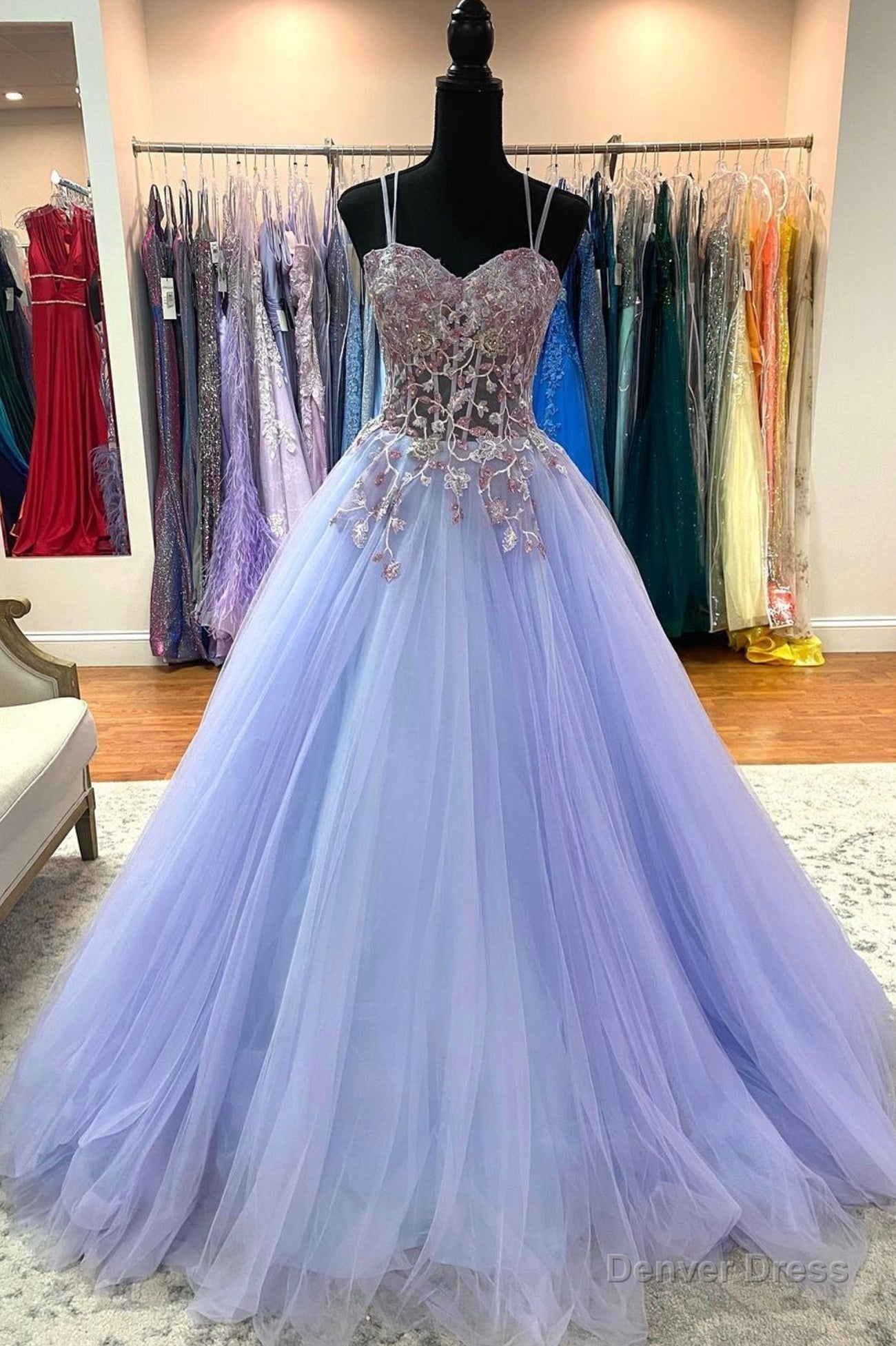 Purple Tulle Lace Long Prom Dresses, A-Line Spaghetti Straps Graduation Dresses Main image