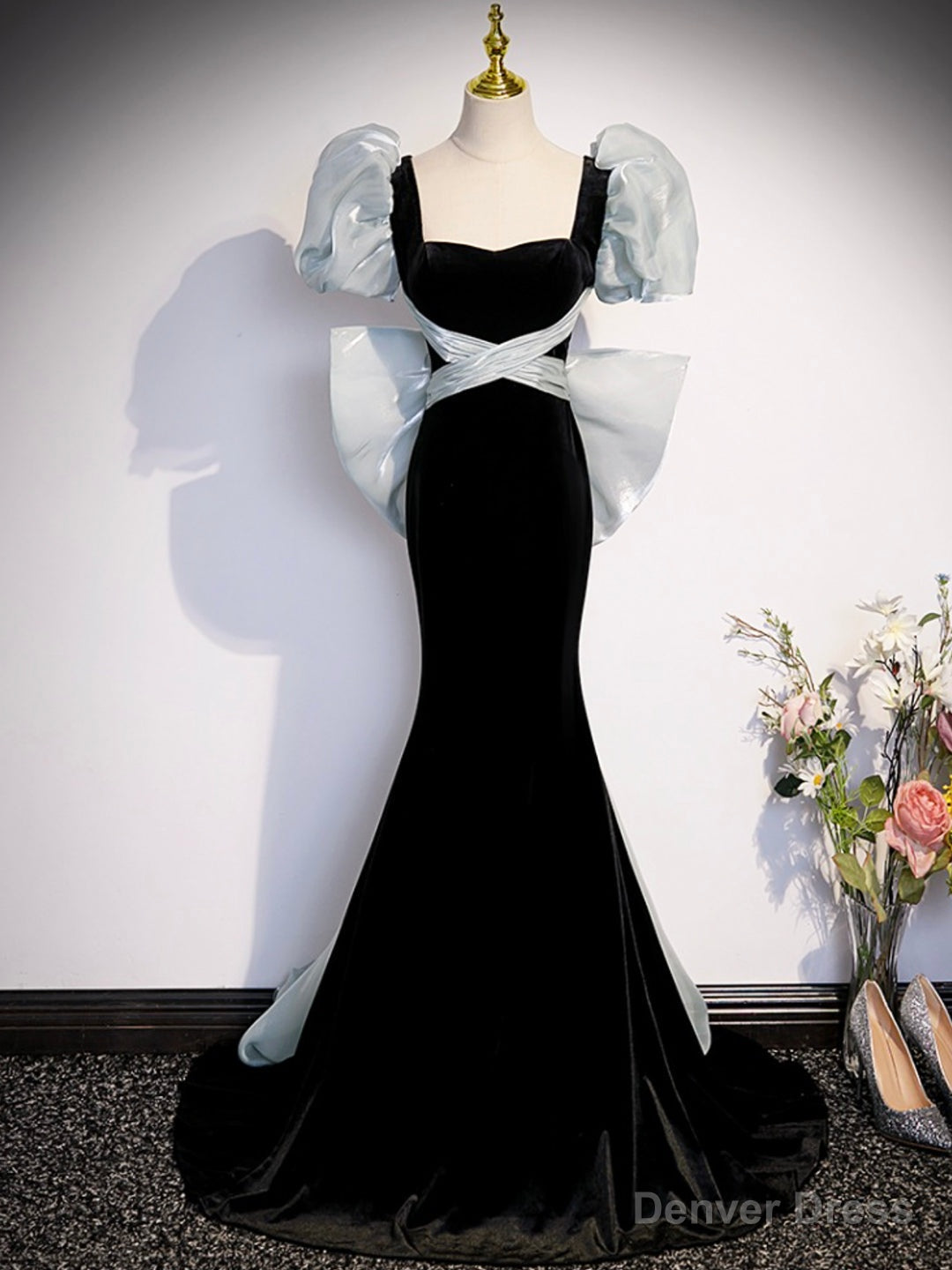 Black Velvet Long Prom Dress, Mermaid Evening Party Dress with Bow Secondary image