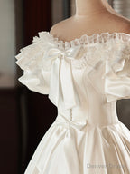 White Satin Lace Short Prom Dress, White Prom Dress, Wedding Dresses