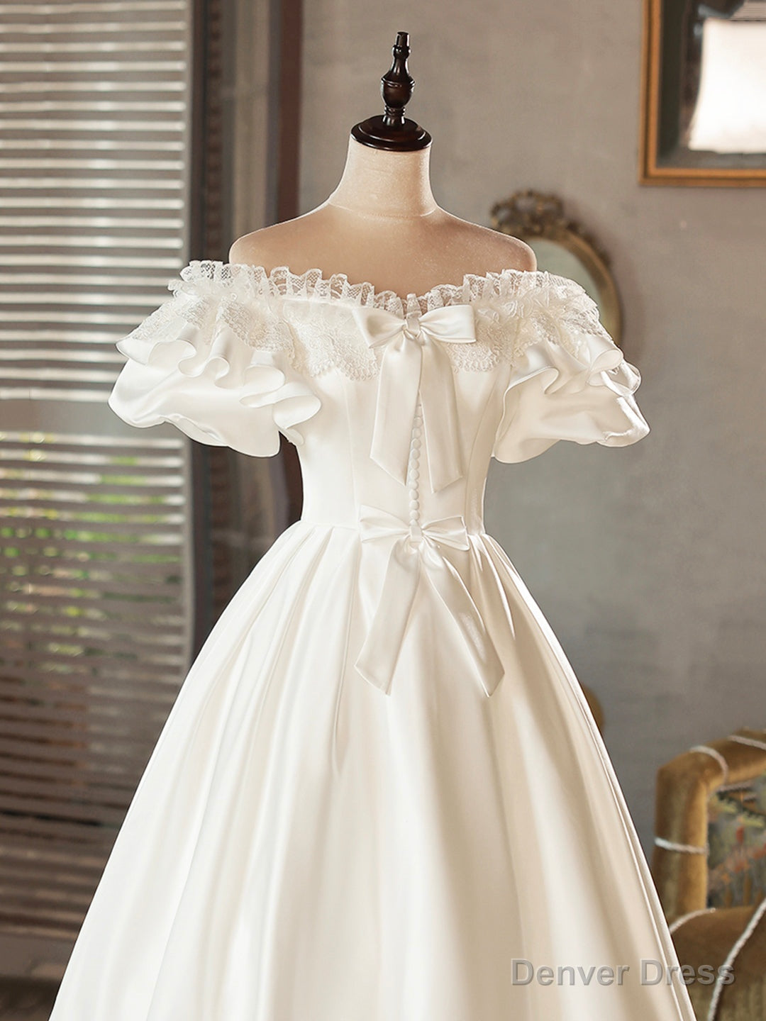 White Satin Lace Short Prom Dress, White Prom Dress, Wedding Dresses