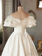 White Satin Lace Short Prom Dress, White Prom Dress, Wedding Dresses
