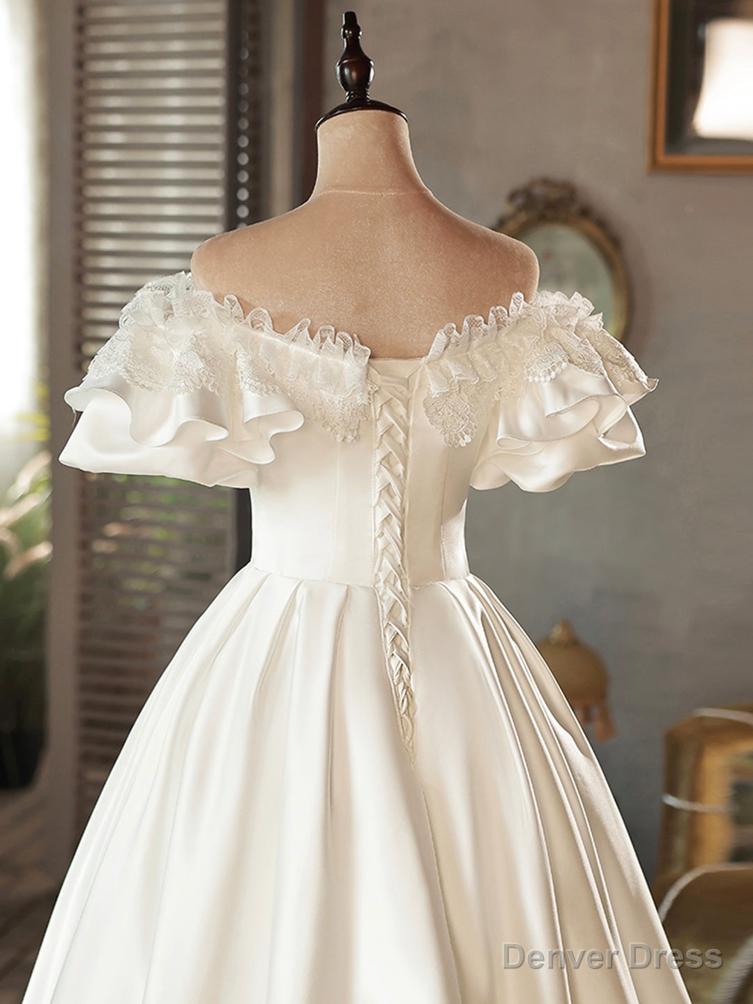 White Satin Lace Short Prom Dress, White Prom Dress, Wedding Dresses