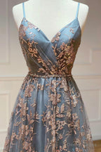 Grey Tulle Sequins Long Prom Dress, A Line Spaghetti Straps Prom Dresses