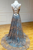 Grey Tulle Sequins Long Prom Dress, A Line Spaghetti Straps Prom Dresses