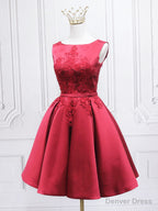Burgundy Satin Lace Short Prom Dress, A Line Homecoming Dresses