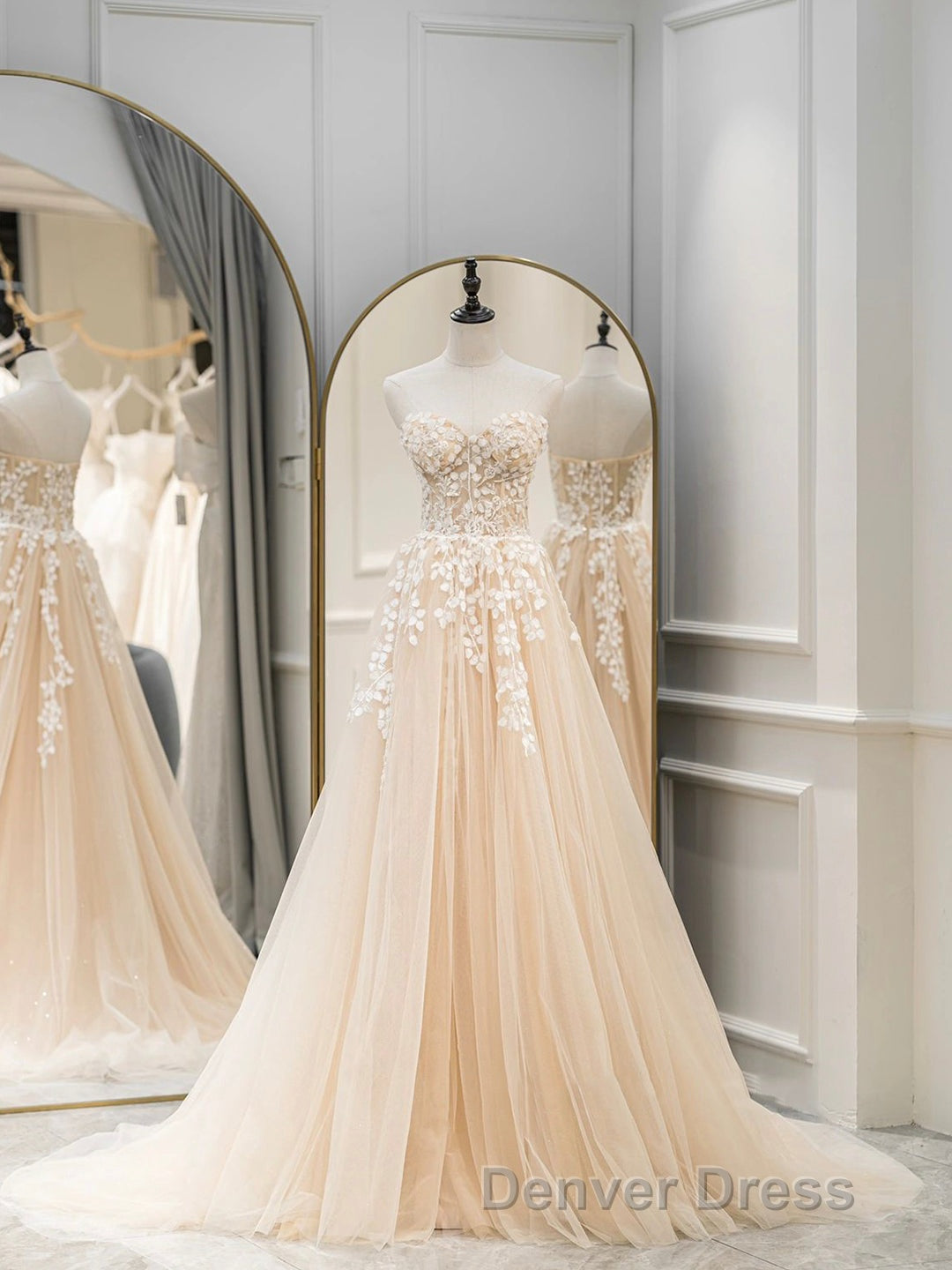 Cute Tulle Sweetheart Long Prom Dress with Lace, Beautiful A Line Prom Dresses
